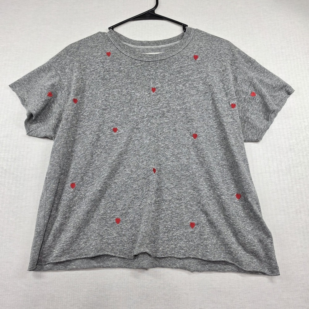 THE GREAT Heather Gray Embroidered Heart Cropped Boxy Tee Shirt Size 0 Coquette